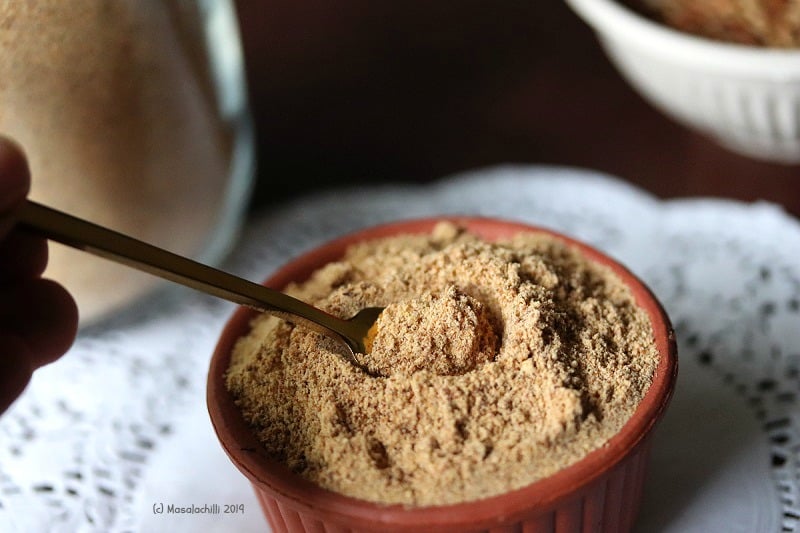 Kollu Podi can be mixed with rice and sesame oil or ghee