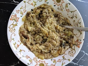 smoky mashed eggplant ready to be cooked with spices
