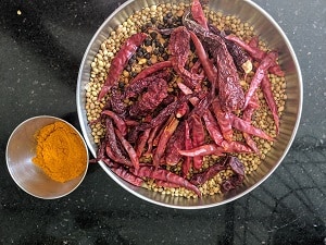 Roasted ingredients for sambar powder recipe