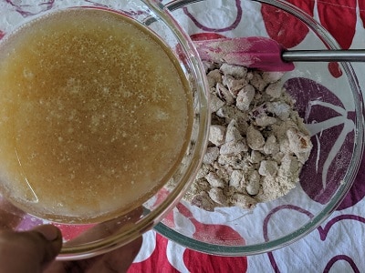 Adding wet ingredients into the dry ingredients