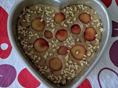 Ready to bake the fresh eggless plum cake into the oven