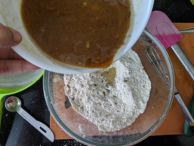 Adding the wet ingredients to the dry ingredients