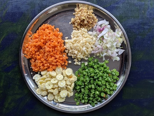 Ingredients for Vegetable Fried rice - Carrots, beans, corn, garlic, ginger and spring onions