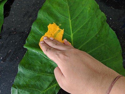 applying the thick paste on to each alu leaf