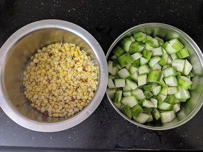 Ingredients for Peerkangai Kootu - toor dal and chopped vegetables