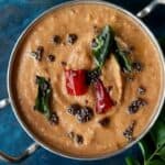 Roasted Eggplant Chutney with a tempering of mustard seeds, curry leaves and dry red chillies