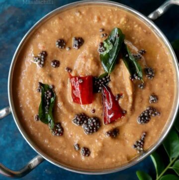 Roasted Eggplant Chutney with a tempering of mustard seeds, curry leaves and dry red chillies
