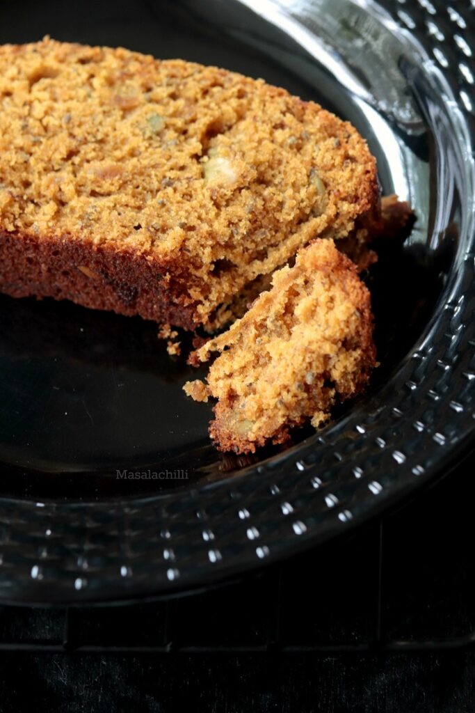 A slice of moist whole wheat banana bread