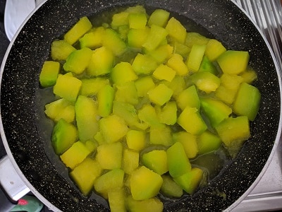 Pumpkin pieces cooked, cooled and to be pureed for the sauce