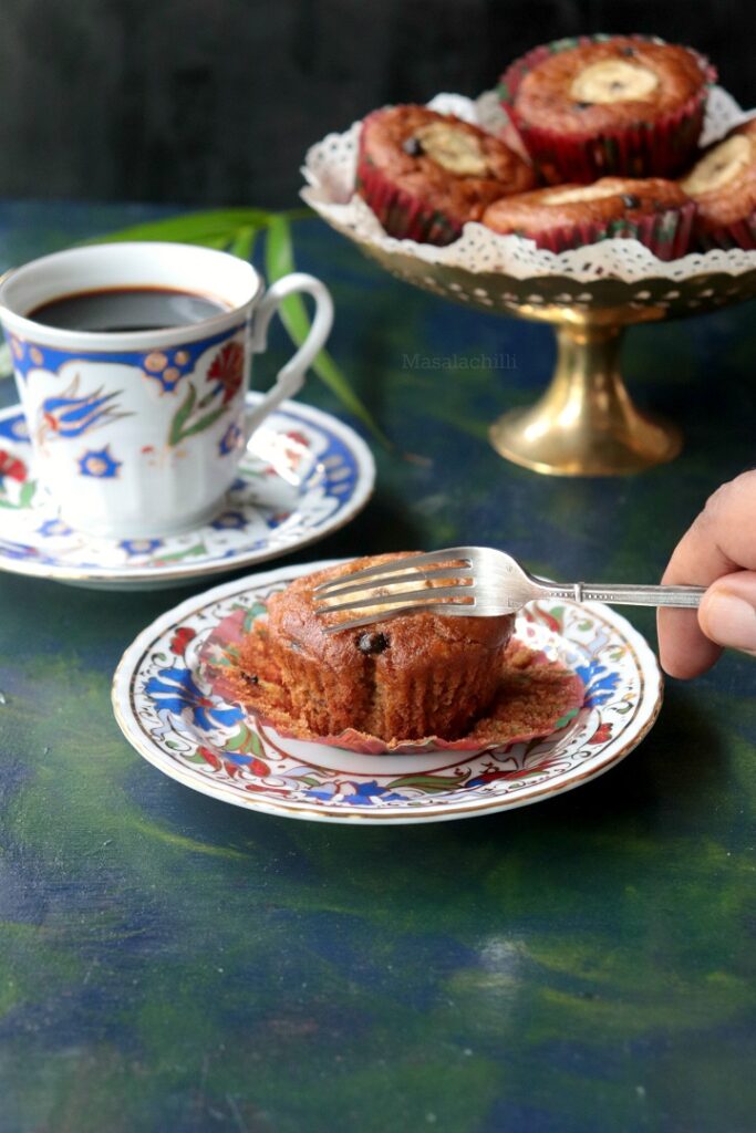 Eggless Banana Chocolate Chip Muffins served with black coffee