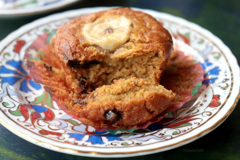Moist Banana Chocolate Chip Muffins made with Whole Wheat flour
