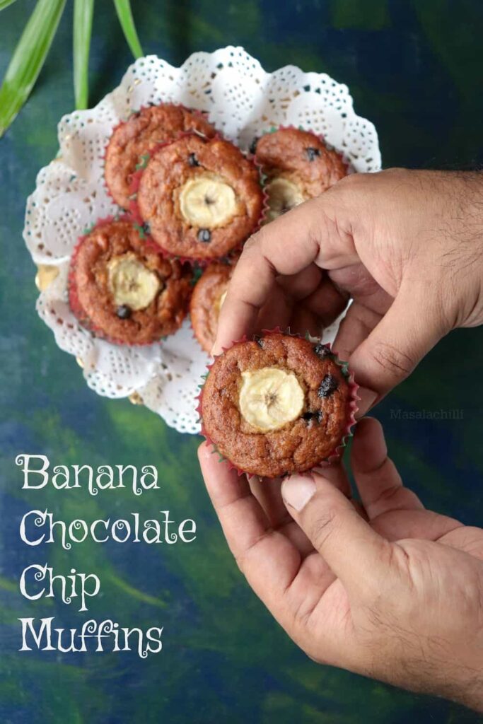 Banana Chocolate Chip Muffins (Whole Wheat, Eggless)