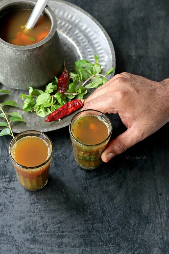 Pudina Rasam served in glass as soup or appetizer