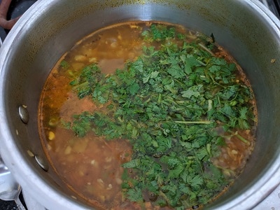 Chopped coriander leaves added to the soup