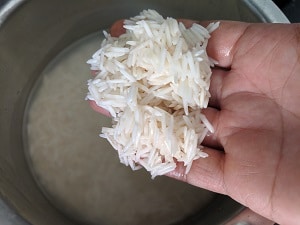 Washed and soaked basmati rice for pulao