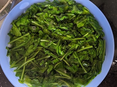 palak submerged in ice cold water to retain green colour