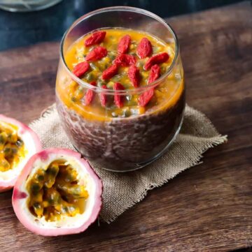 1 serving of chia pudding with a side of freshly cut passion fruit