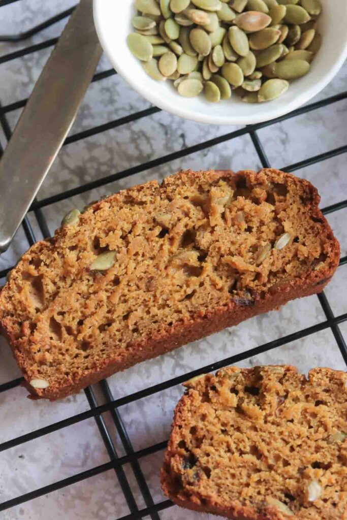 Close up picture of Moist crumb of Vegan Pumpkin Bread