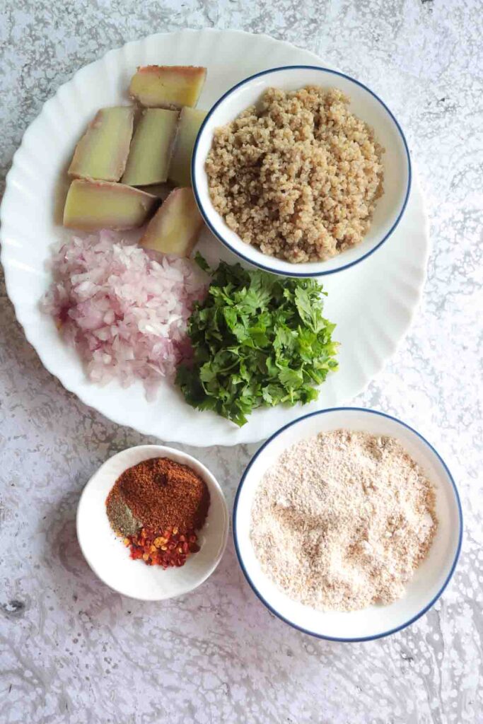 List of ingredients - Cooked Quinoa, boiled sweet potato, onion, cilantro, spices and coarsely ground rolled oats