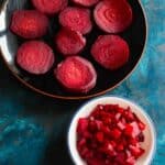 Black Plate with Sliced Beets and White bowl with chopped beets