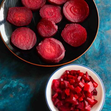 Black Plate with Sliced Beets and White bowl with chopped beets