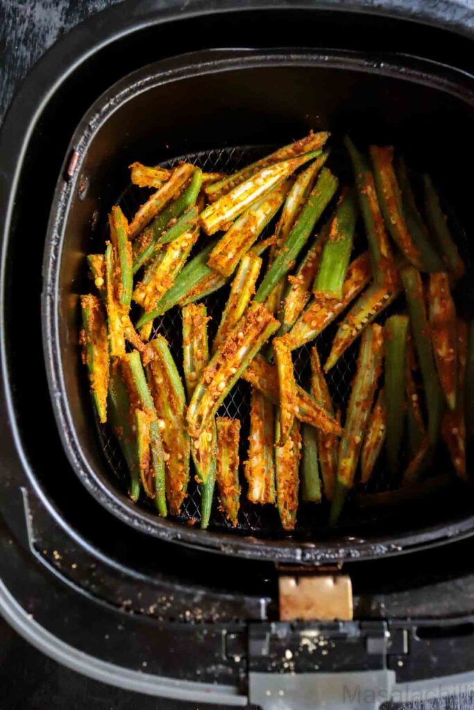 Air frying Okra with Indian spices and gram flour