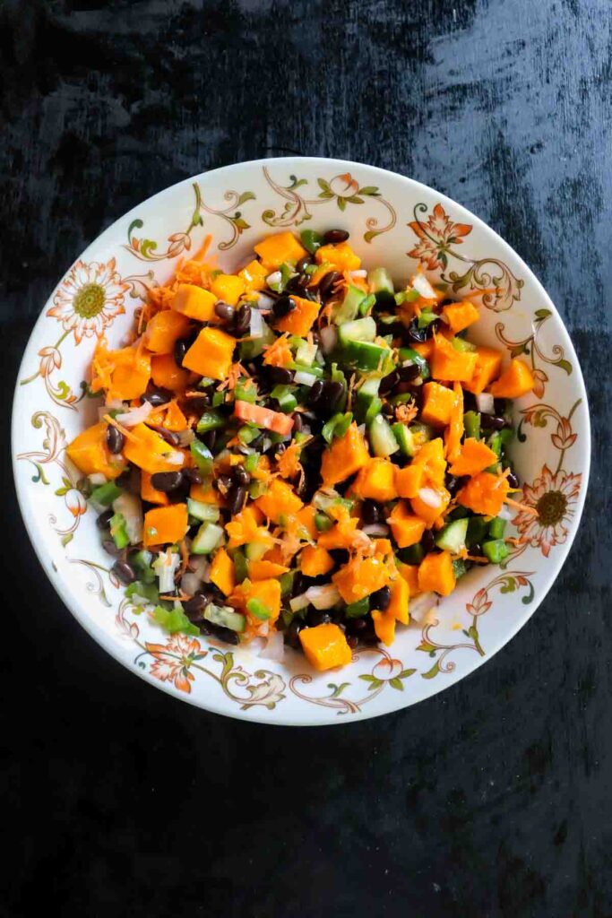 Black Bean Mango Salad in a white bowl