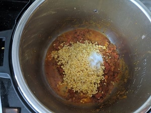 Washed and soaked lentils added to the instant pot along with spices and salt
