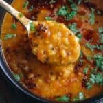Spoonful of dal tadka tempered with mustard leaves and cumin