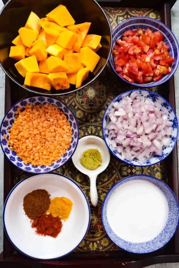 Ingredients for making butternut squash lentil curry