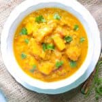 Butternut Squash red lentil curry served in a white bowl garnished with fresh coriander