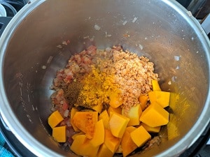 butternut squash pieces with soaked red lentils, spices in an onion tomato gravy base