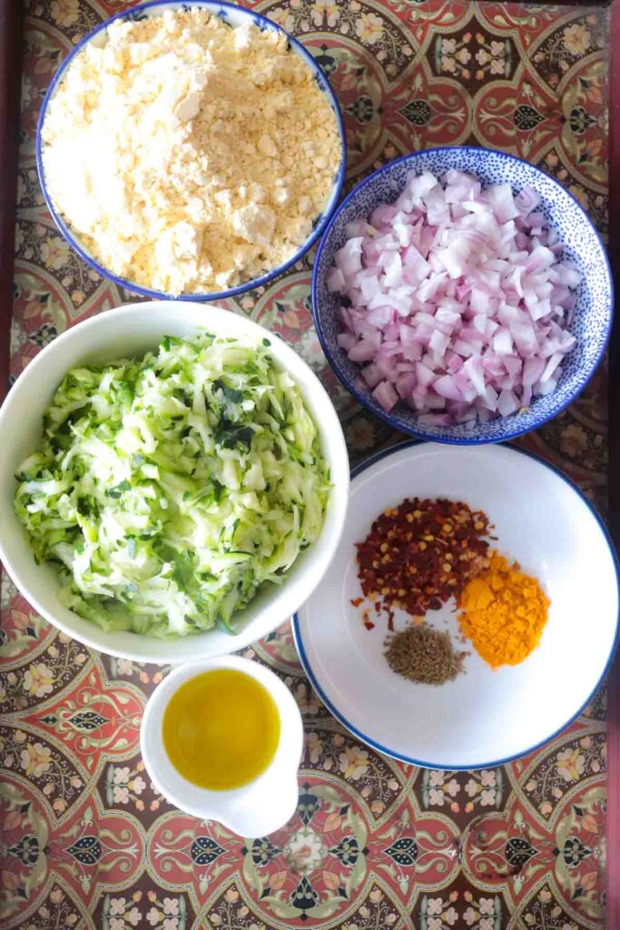 Ingredients to make Gluten-free, egg-free zucchini fritters