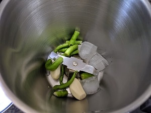 Blender jar with ice cubes, green chilies and garlic cloves for making mint yogurt dip